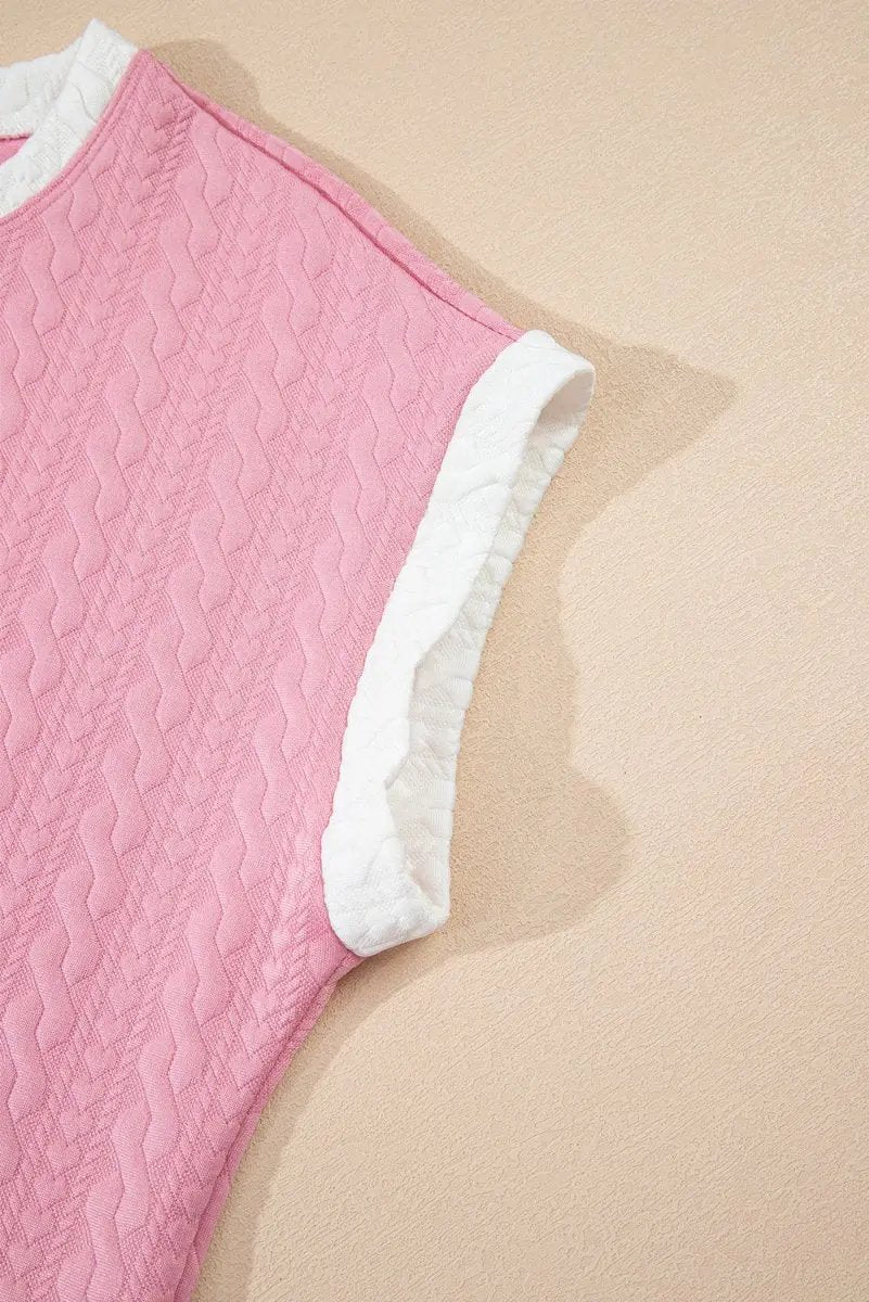 Pink Contrast Trim Textured Crewneck Tee And Pocketed Skirt Set - Love Salve